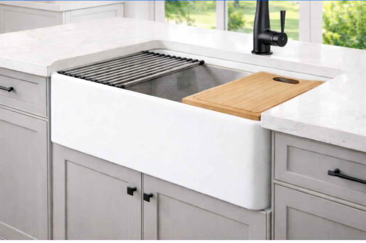 Hamat fireclay farmhouse sink with cutting board and roll-up rack