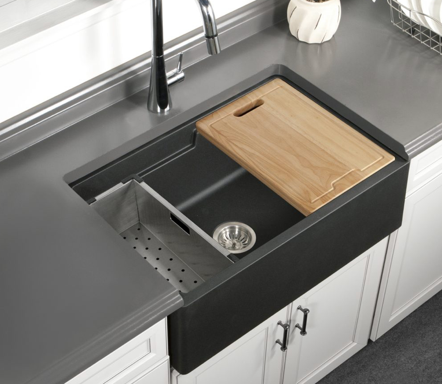 Hamat SiOStone black farmhouse sink with cutting board and colander