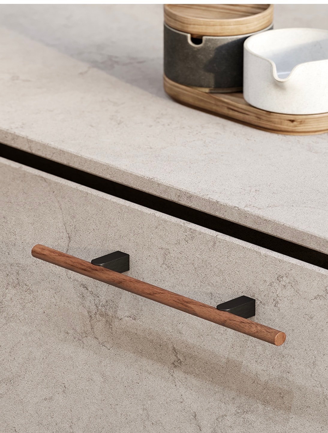 Viefe walnut bar pull on stone drawer